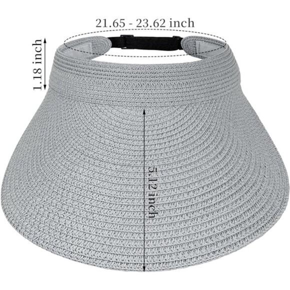 Gray Wide Brim Straw Sun Visor Hat – Packable Straw Visor with Adjustable Fit - Picture 2 of 8
